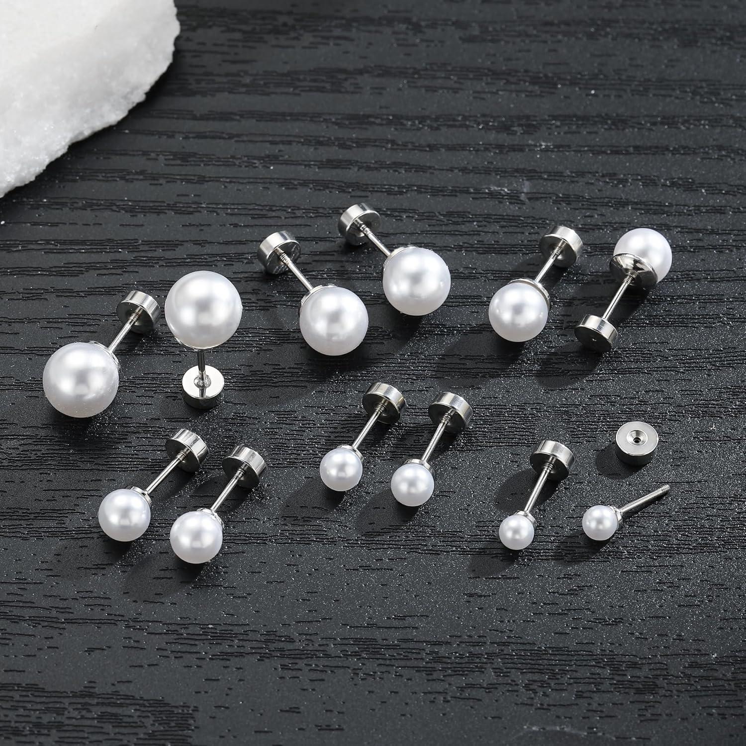 imageHypoallergenic Silver Flat Back Earrings for WomenStud Cartilage Earrings for Sensitive Ears Cubic Zirconia Ball Earring Sets Trendy JewelryPearlSliverPlated