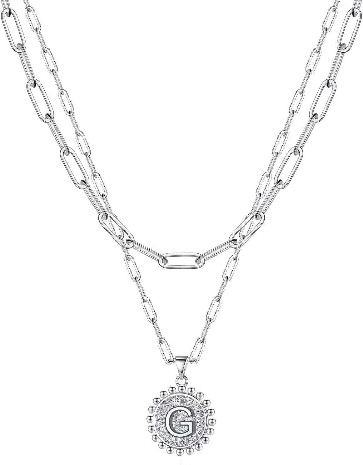 imageYoosteel Easter Basket Stuffers Layered Initial Necklaces for Women Gifts 14K Gold Plated Dainty Layering Paperclip Link Chain Necklace Coin Initial Necklace Birthday Gifts for Women Teen GirlsSilver