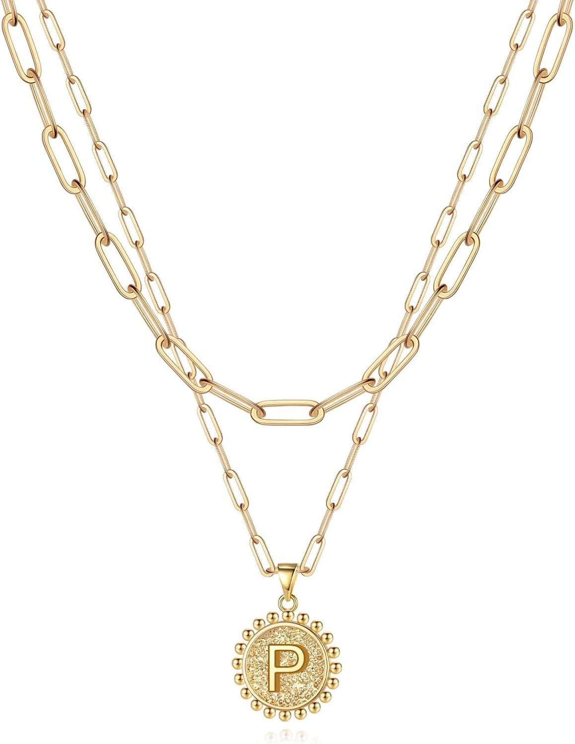 imageYoosteel Easter Basket Stuffers Layered Initial Necklaces for Women Gifts 14K Gold Plated Dainty Layering Paperclip Link Chain Necklace Coin Initial Necklace Birthday Gifts for Women Teen GirlsGold
