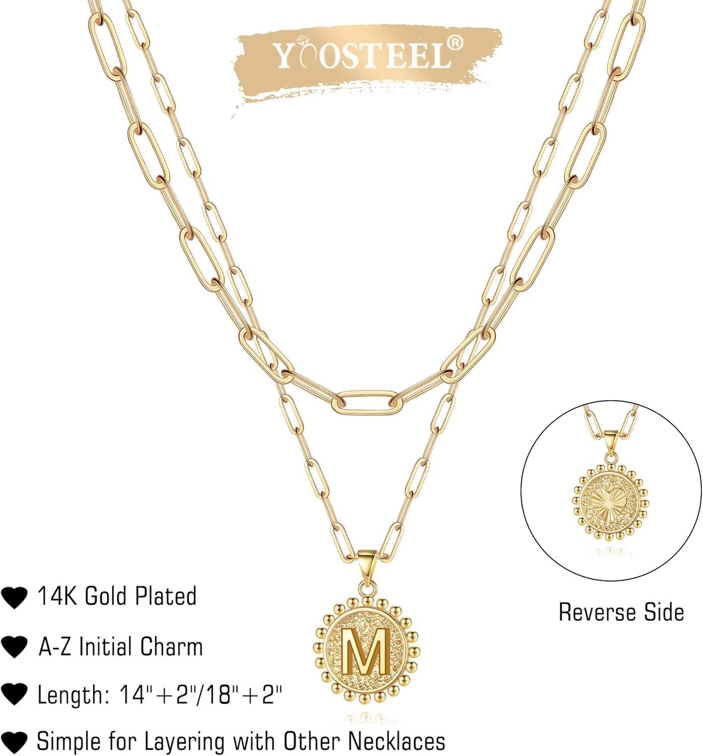 imageYoosteel Easter Basket Stuffers Layered Initial Necklaces for Women Gifts 14K Gold Plated Dainty Layering Paperclip Link Chain Necklace Coin Initial Necklace Birthday Gifts for Women Teen GirlsGold