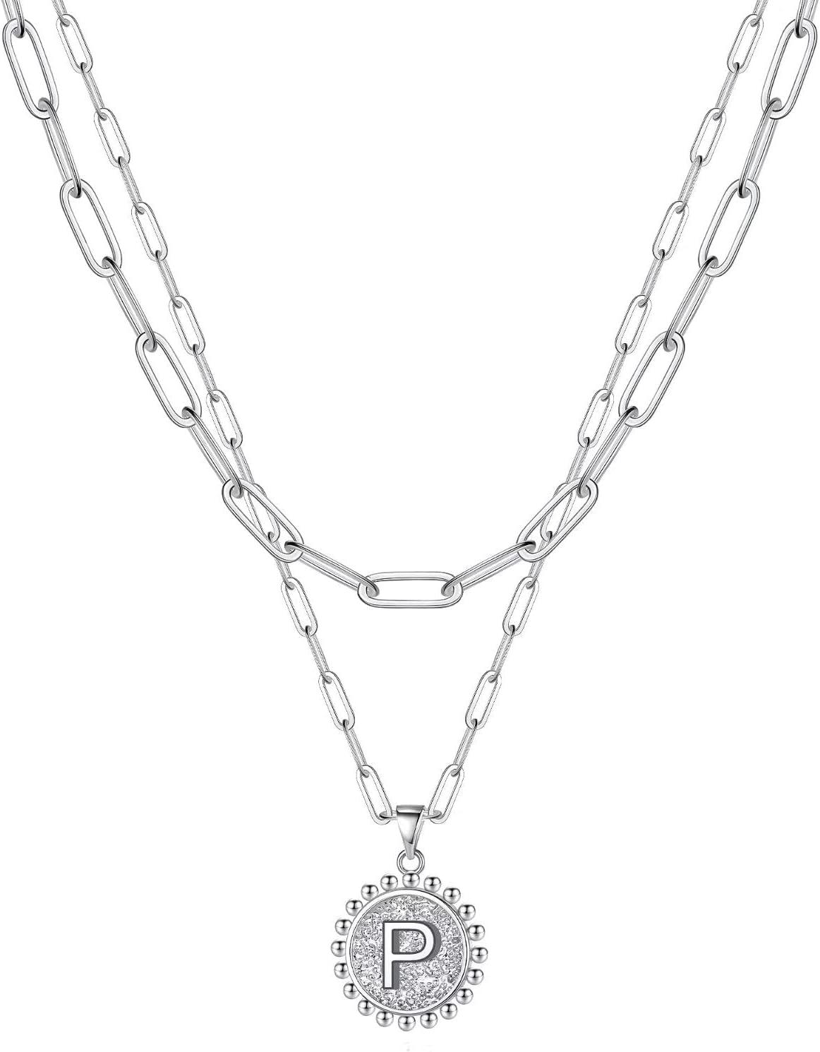 imageYoosteel Easter Basket Stuffers Layered Initial Necklaces for Women Gifts 14K Gold Plated Dainty Layering Paperclip Link Chain Necklace Coin Initial Necklace Birthday Gifts for Women Teen GirlsSilver