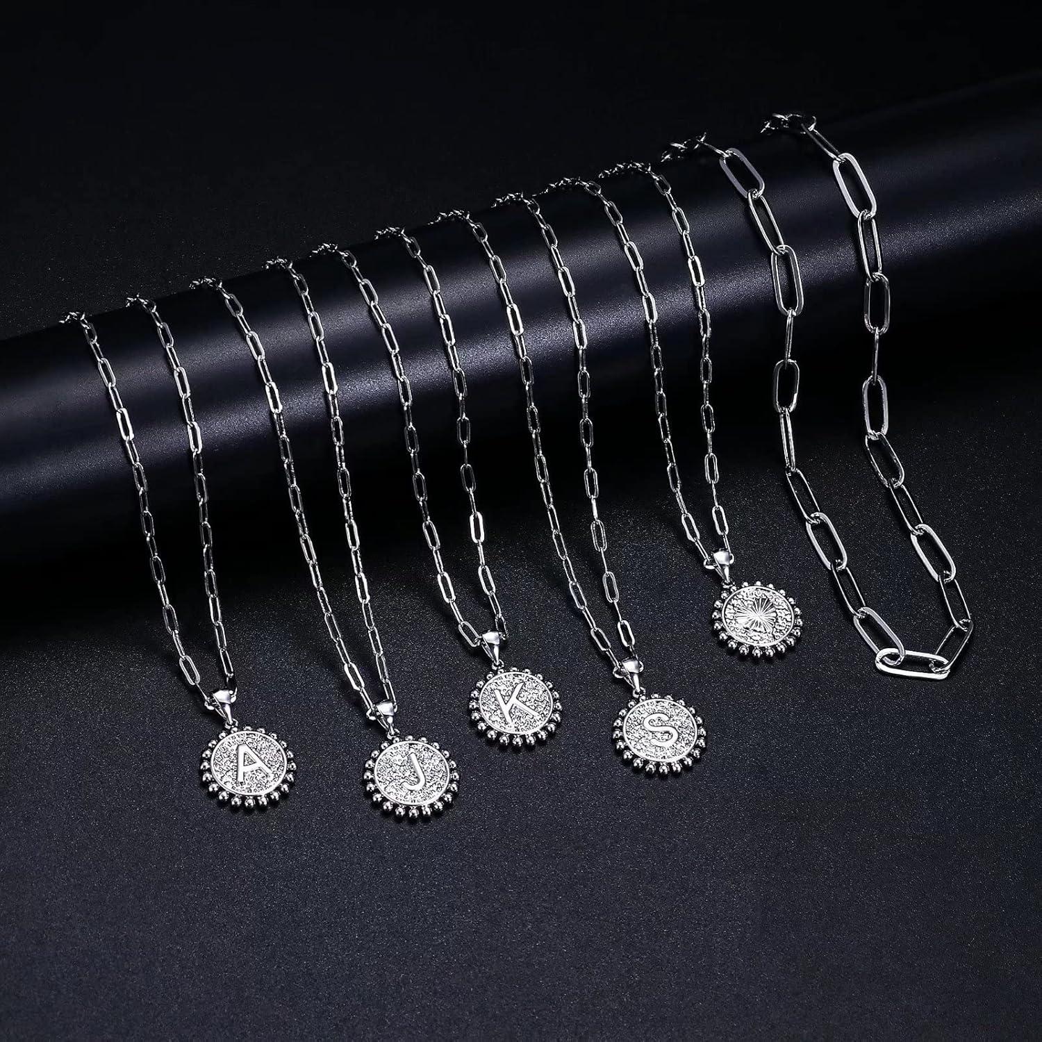 imageYoosteel Easter Basket Stuffers Layered Initial Necklaces for Women Gifts 14K Gold Plated Dainty Layering Paperclip Link Chain Necklace Coin Initial Necklace Birthday Gifts for Women Teen GirlsSilver