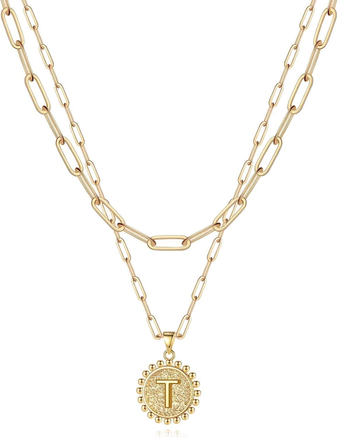 imageYoosteel Easter Basket Stuffers Layered Initial Necklaces for Women Gifts 14K Gold Plated Dainty Layering Paperclip Link Chain Necklace Coin Initial Necklace Birthday Gifts for Women Teen GirlsGold