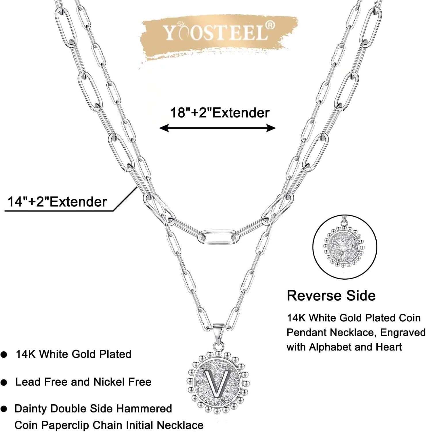 imageYoosteel Easter Basket Stuffers Layered Initial Necklaces for Women Gifts 14K Gold Plated Dainty Layering Paperclip Link Chain Necklace Coin Initial Necklace Birthday Gifts for Women Teen GirlsSilver