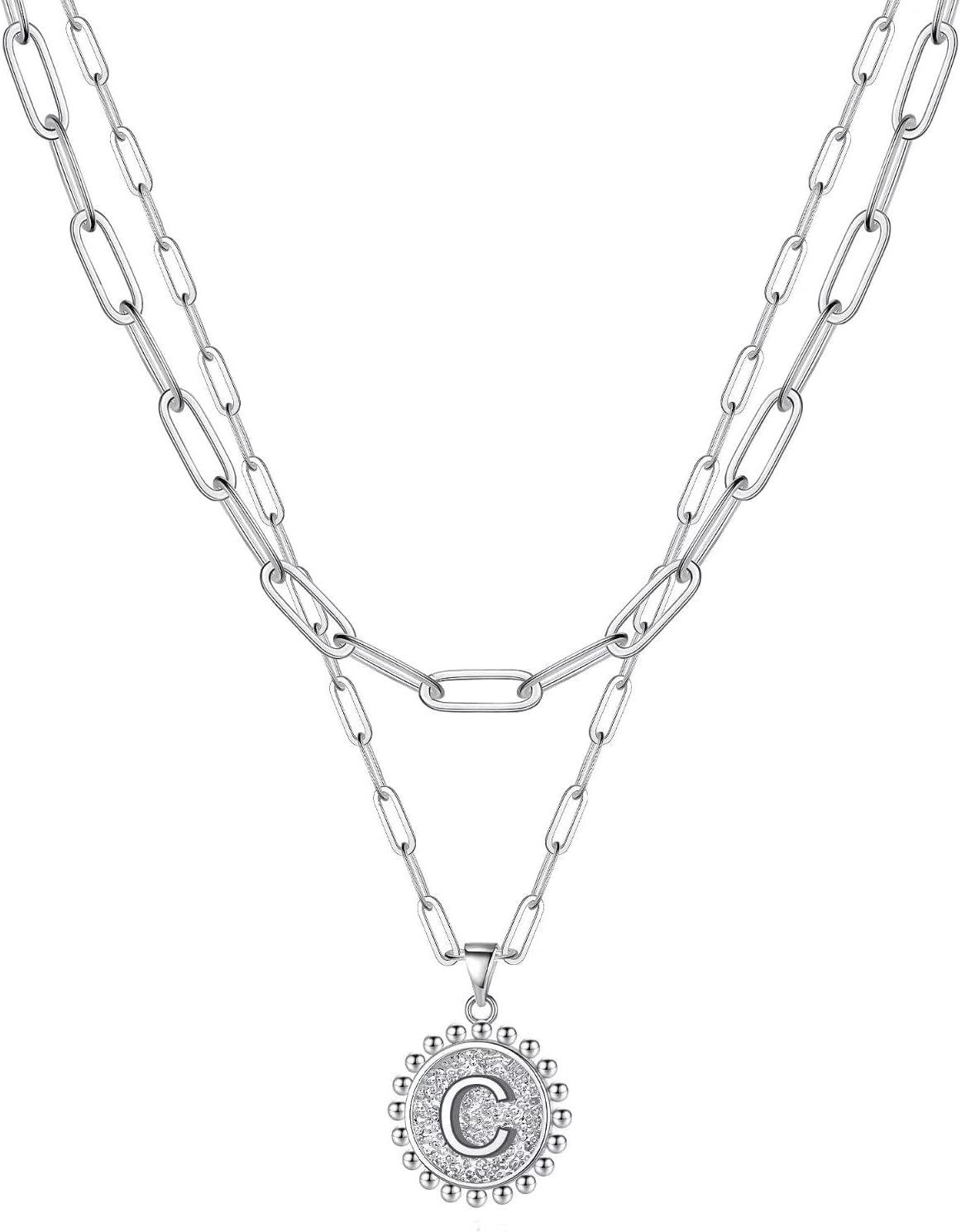 imageYoosteel Easter Basket Stuffers Layered Initial Necklaces for Women Gifts 14K Gold Plated Dainty Layering Paperclip Link Chain Necklace Coin Initial Necklace Birthday Gifts for Women Teen GirlsSilver