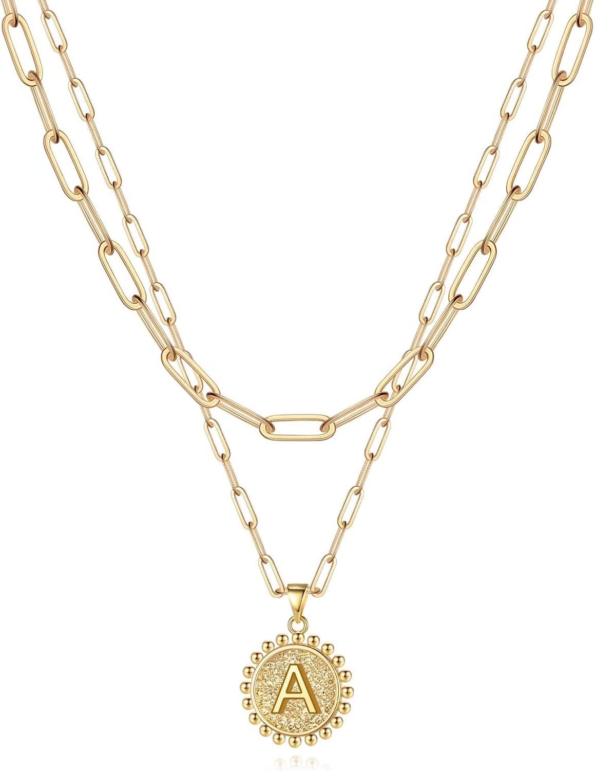 imageYoosteel Easter Basket Stuffers Layered Initial Necklaces for Women Gifts 14K Gold Plated Dainty Layering Paperclip Link Chain Necklace Coin Initial Necklace Birthday Gifts for Women Teen GirlsGold