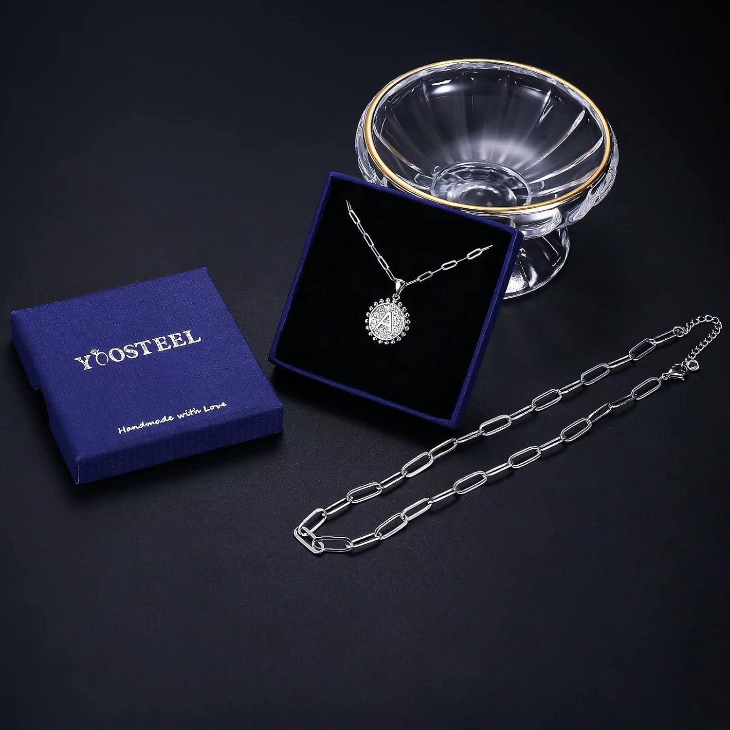 imageYoosteel Easter Basket Stuffers Layered Initial Necklaces for Women Gifts 14K Gold Plated Dainty Layering Paperclip Link Chain Necklace Coin Initial Necklace Birthday Gifts for Women Teen GirlsSilver