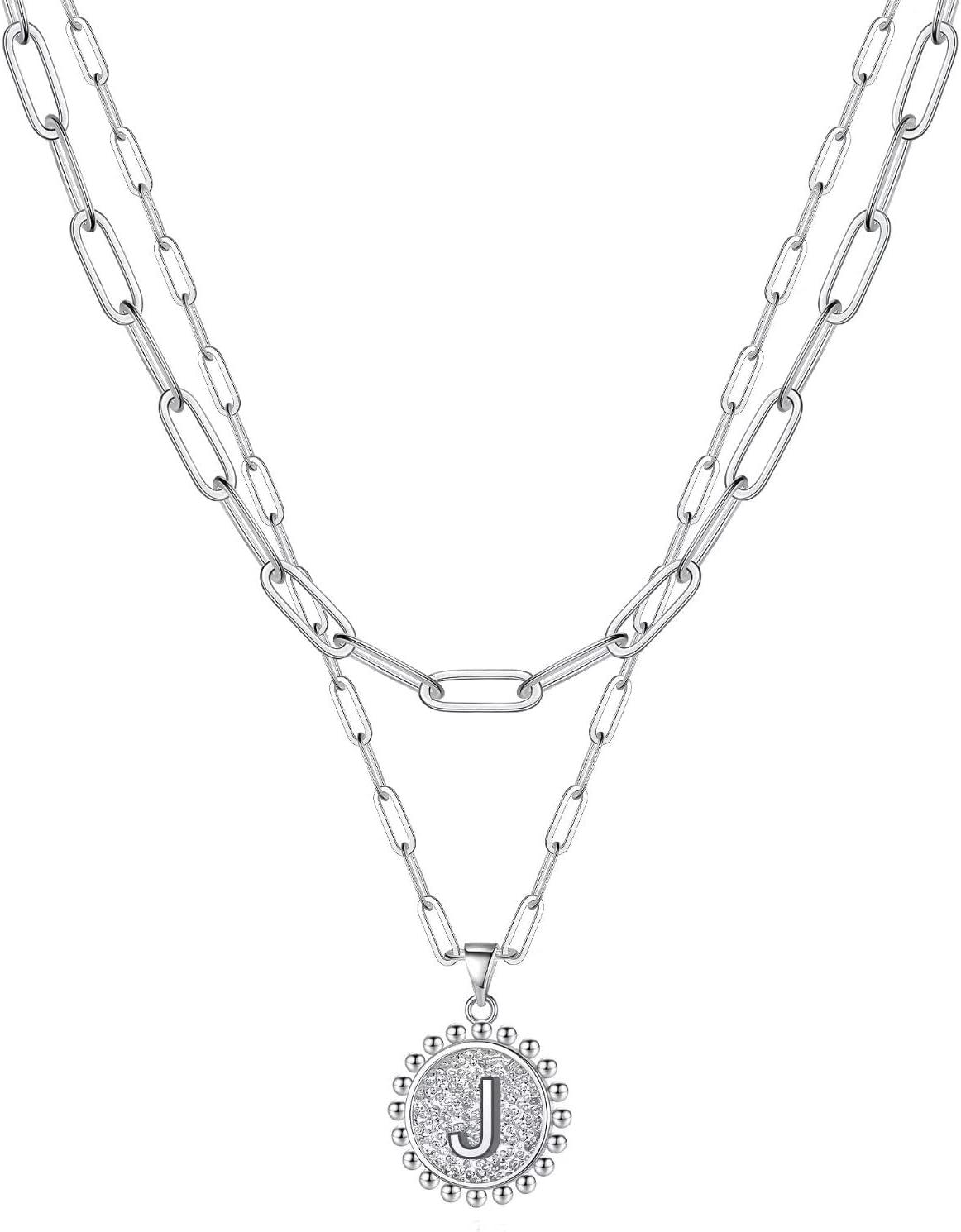 imageYoosteel Easter Basket Stuffers Layered Initial Necklaces for Women Gifts 14K Gold Plated Dainty Layering Paperclip Link Chain Necklace Coin Initial Necklace Birthday Gifts for Women Teen GirlsSilver