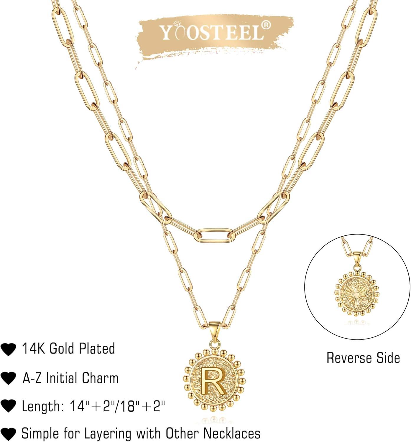 imageYoosteel Easter Basket Stuffers Layered Initial Necklaces for Women Gifts 14K Gold Plated Dainty Layering Paperclip Link Chain Necklace Coin Initial Necklace Birthday Gifts for Women Teen GirlsGold