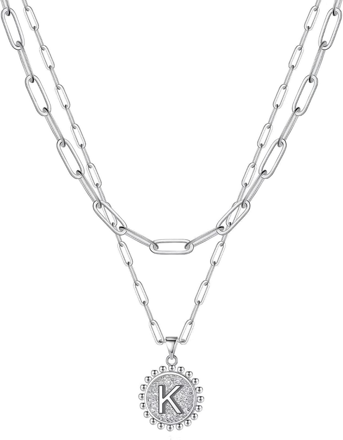 imageYoosteel Easter Basket Stuffers Layered Initial Necklaces for Women Gifts 14K Gold Plated Dainty Layering Paperclip Link Chain Necklace Coin Initial Necklace Birthday Gifts for Women Teen GirlsSilver