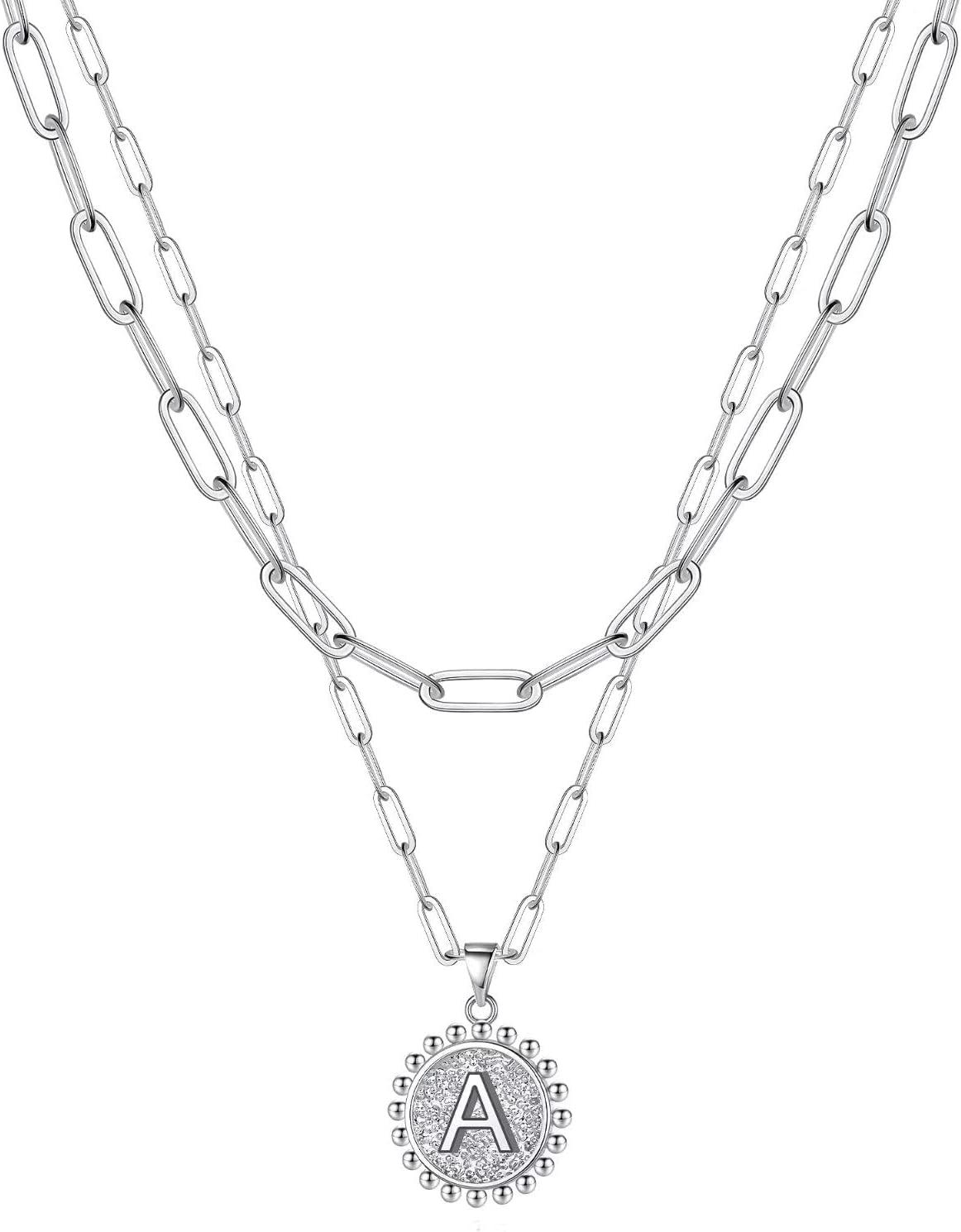 imageYoosteel Easter Basket Stuffers Layered Initial Necklaces for Women Gifts 14K Gold Plated Dainty Layering Paperclip Link Chain Necklace Coin Initial Necklace Birthday Gifts for Women Teen GirlsSilver