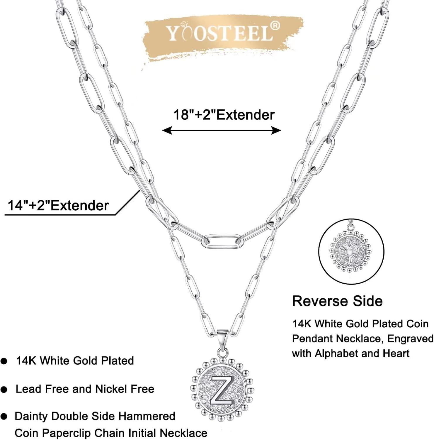 imageYoosteel Easter Basket Stuffers Layered Initial Necklaces for Women Gifts 14K Gold Plated Dainty Layering Paperclip Link Chain Necklace Coin Initial Necklace Birthday Gifts for Women Teen GirlsSilver