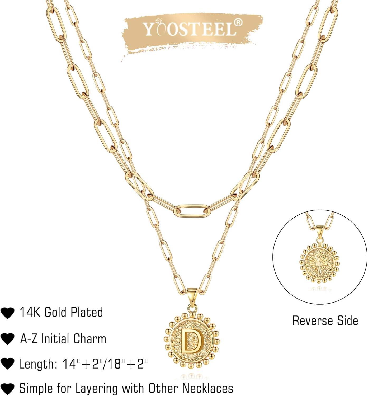 imageYoosteel Easter Basket Stuffers Layered Initial Necklaces for Women Gifts 14K Gold Plated Dainty Layering Paperclip Link Chain Necklace Coin Initial Necklace Birthday Gifts for Women Teen GirlsGold