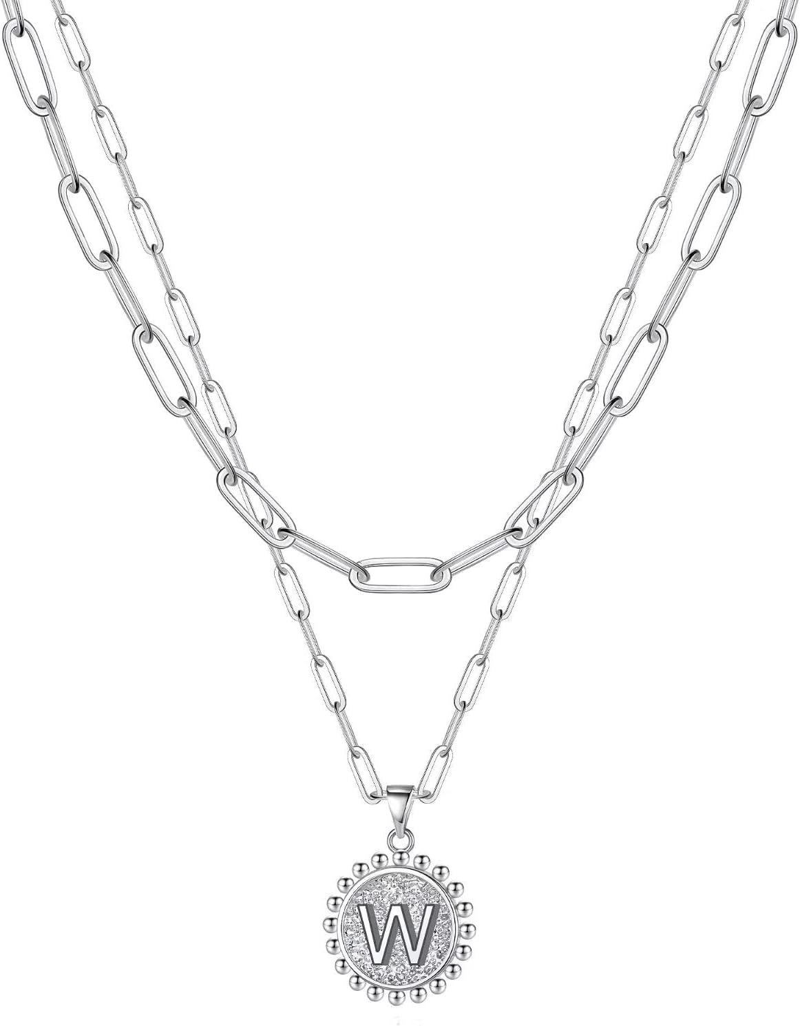 imageYoosteel Easter Basket Stuffers Layered Initial Necklaces for Women Gifts 14K Gold Plated Dainty Layering Paperclip Link Chain Necklace Coin Initial Necklace Birthday Gifts for Women Teen GirlsSilver