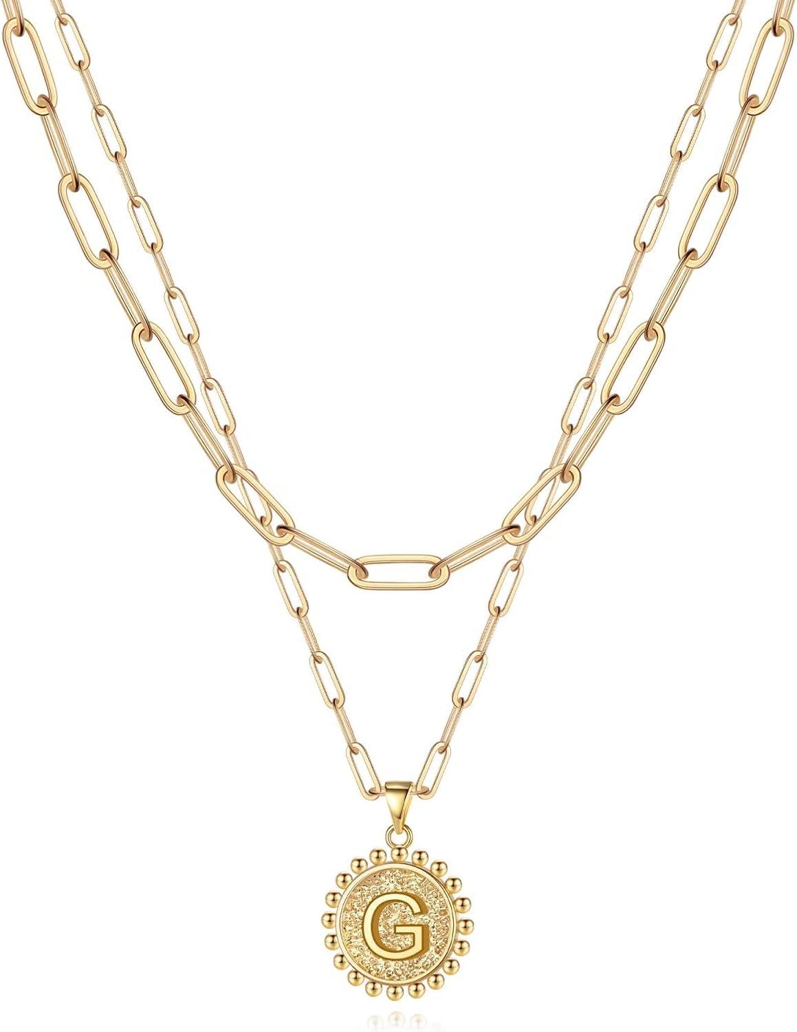 imageYoosteel Easter Basket Stuffers Layered Initial Necklaces for Women Gifts 14K Gold Plated Dainty Layering Paperclip Link Chain Necklace Coin Initial Necklace Birthday Gifts for Women Teen GirlsGold