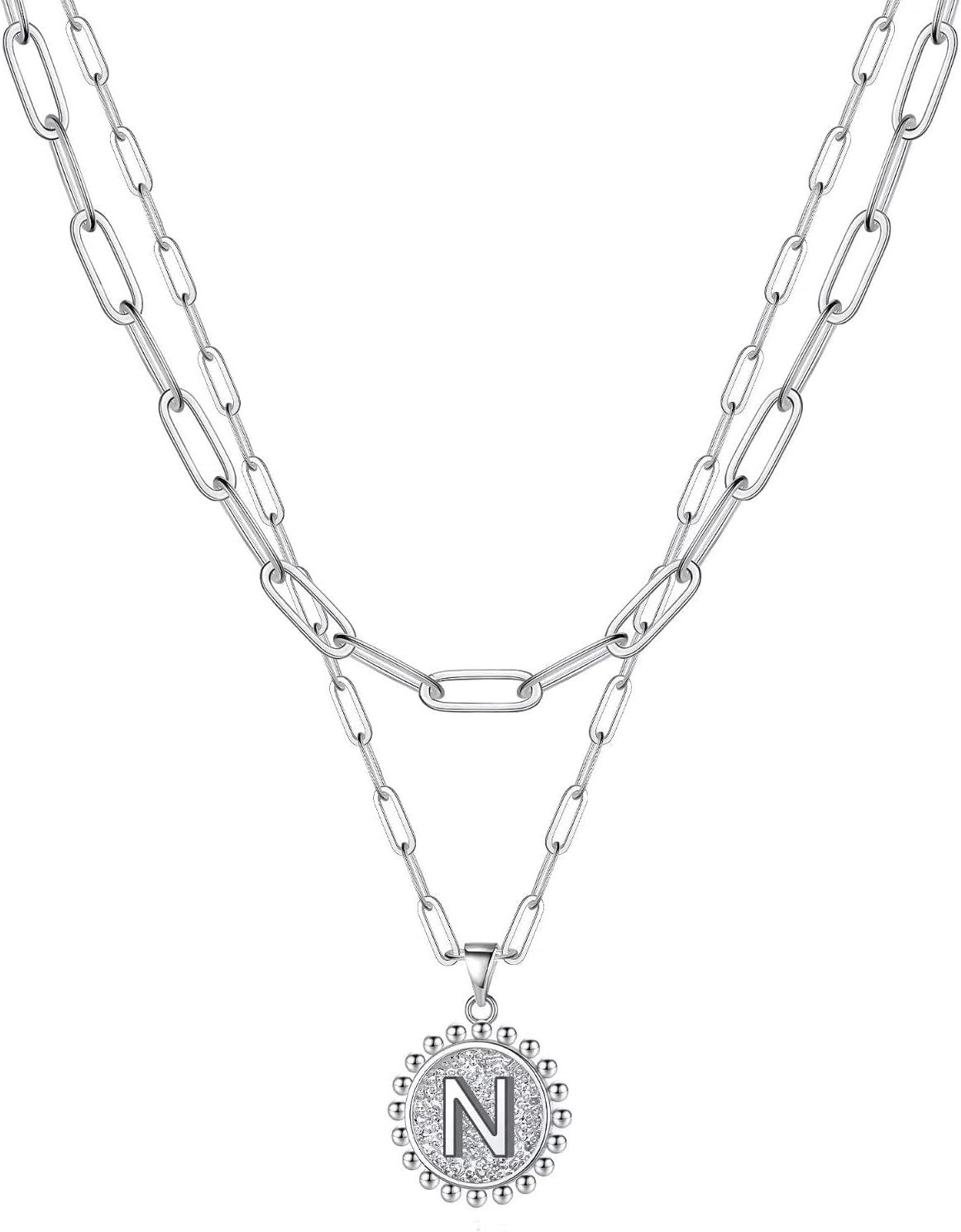 imageYoosteel Easter Basket Stuffers Layered Initial Necklaces for Women Gifts 14K Gold Plated Dainty Layering Paperclip Link Chain Necklace Coin Initial Necklace Birthday Gifts for Women Teen GirlsSilver