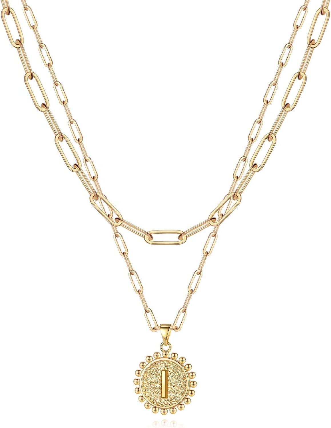 imageYoosteel Easter Basket Stuffers Layered Initial Necklaces for Women Gifts 14K Gold Plated Dainty Layering Paperclip Link Chain Necklace Coin Initial Necklace Birthday Gifts for Women Teen GirlsGold