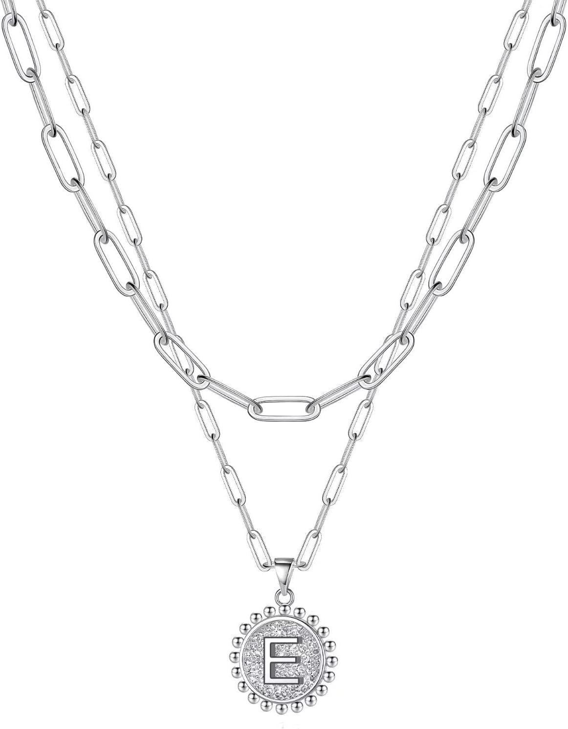 imageYoosteel Easter Basket Stuffers Layered Initial Necklaces for Women Gifts 14K Gold Plated Dainty Layering Paperclip Link Chain Necklace Coin Initial Necklace Birthday Gifts for Women Teen GirlsSilver