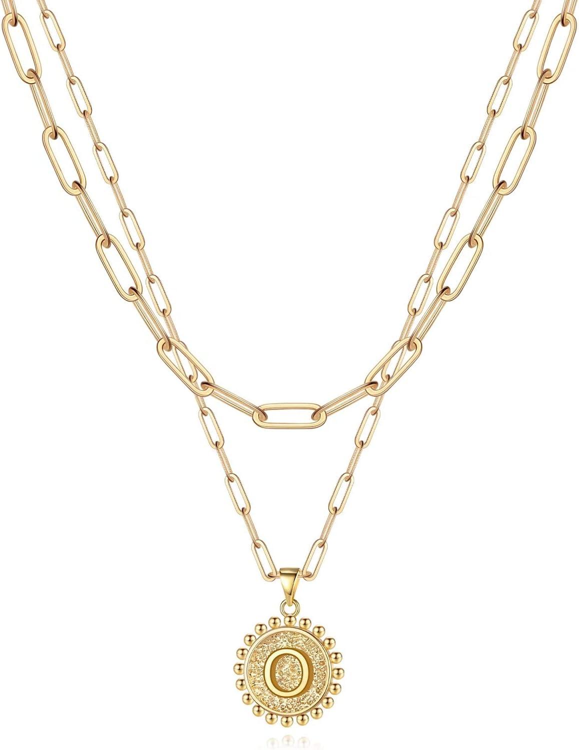 imageYoosteel Easter Basket Stuffers Layered Initial Necklaces for Women Gifts 14K Gold Plated Dainty Layering Paperclip Link Chain Necklace Coin Initial Necklace Birthday Gifts for Women Teen GirlsGold