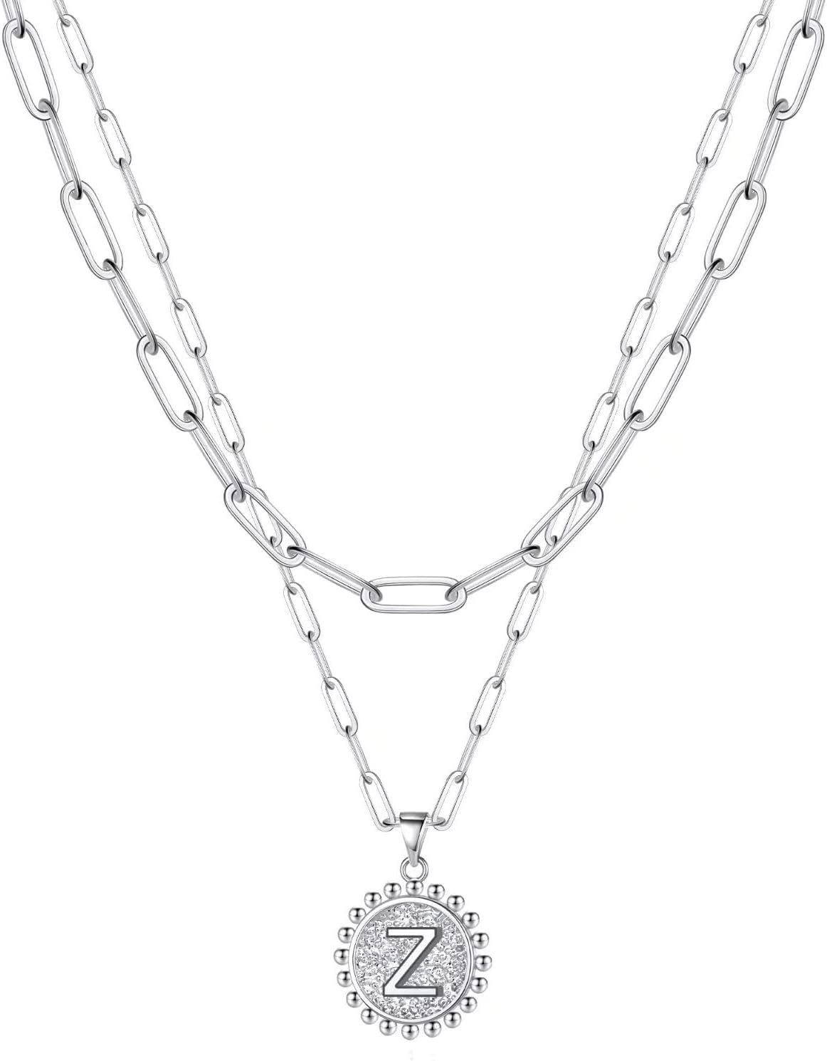 imageYoosteel Easter Basket Stuffers Layered Initial Necklaces for Women Gifts 14K Gold Plated Dainty Layering Paperclip Link Chain Necklace Coin Initial Necklace Birthday Gifts for Women Teen GirlsSilver