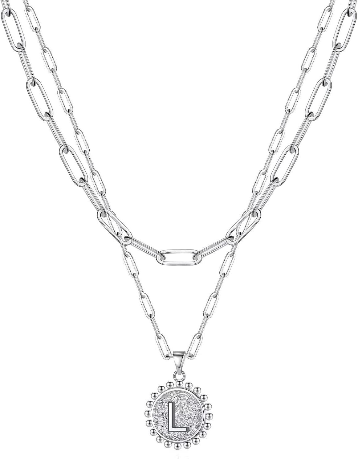 imageYoosteel Easter Basket Stuffers Layered Initial Necklaces for Women Gifts 14K Gold Plated Dainty Layering Paperclip Link Chain Necklace Coin Initial Necklace Birthday Gifts for Women Teen GirlsSilver