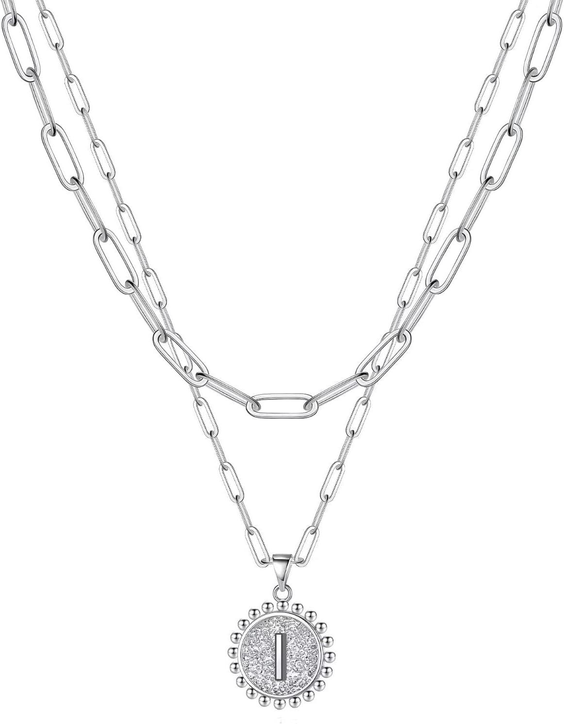 imageYoosteel Easter Basket Stuffers Layered Initial Necklaces for Women Gifts 14K Gold Plated Dainty Layering Paperclip Link Chain Necklace Coin Initial Necklace Birthday Gifts for Women Teen GirlsSilver