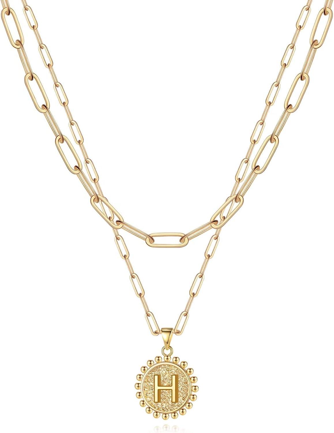 imageYoosteel Easter Basket Stuffers Layered Initial Necklaces for Women Gifts 14K Gold Plated Dainty Layering Paperclip Link Chain Necklace Coin Initial Necklace Birthday Gifts for Women Teen GirlsGold