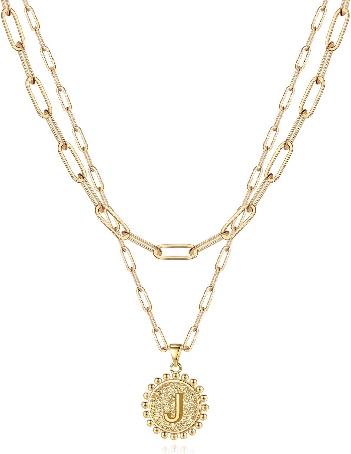 imageYoosteel Easter Basket Stuffers Layered Initial Necklaces for Women Gifts 14K Gold Plated Dainty Layering Paperclip Link Chain Necklace Coin Initial Necklace Birthday Gifts for Women Teen GirlsGold