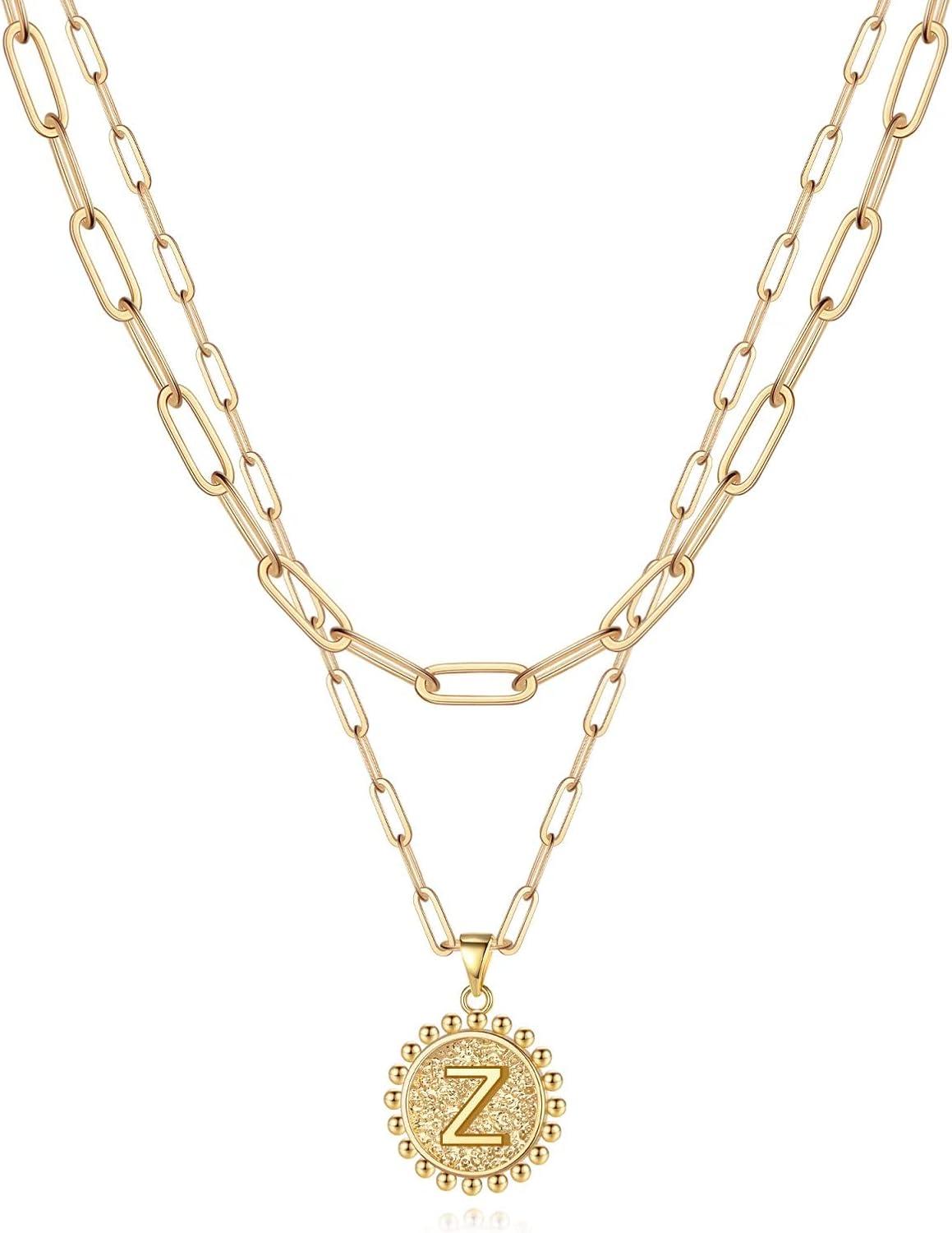 imageYoosteel Easter Basket Stuffers Layered Initial Necklaces for Women Gifts 14K Gold Plated Dainty Layering Paperclip Link Chain Necklace Coin Initial Necklace Birthday Gifts for Women Teen GirlsGold
