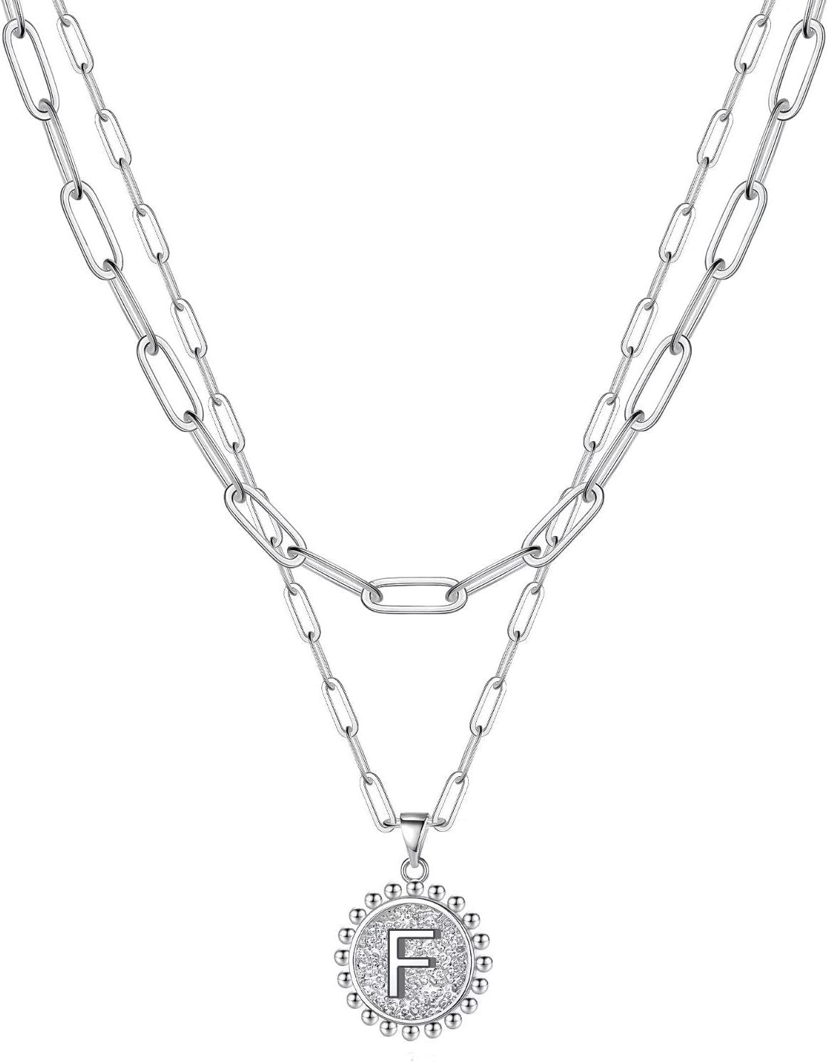 imageYoosteel Easter Basket Stuffers Layered Initial Necklaces for Women Gifts 14K Gold Plated Dainty Layering Paperclip Link Chain Necklace Coin Initial Necklace Birthday Gifts for Women Teen GirlsSilver