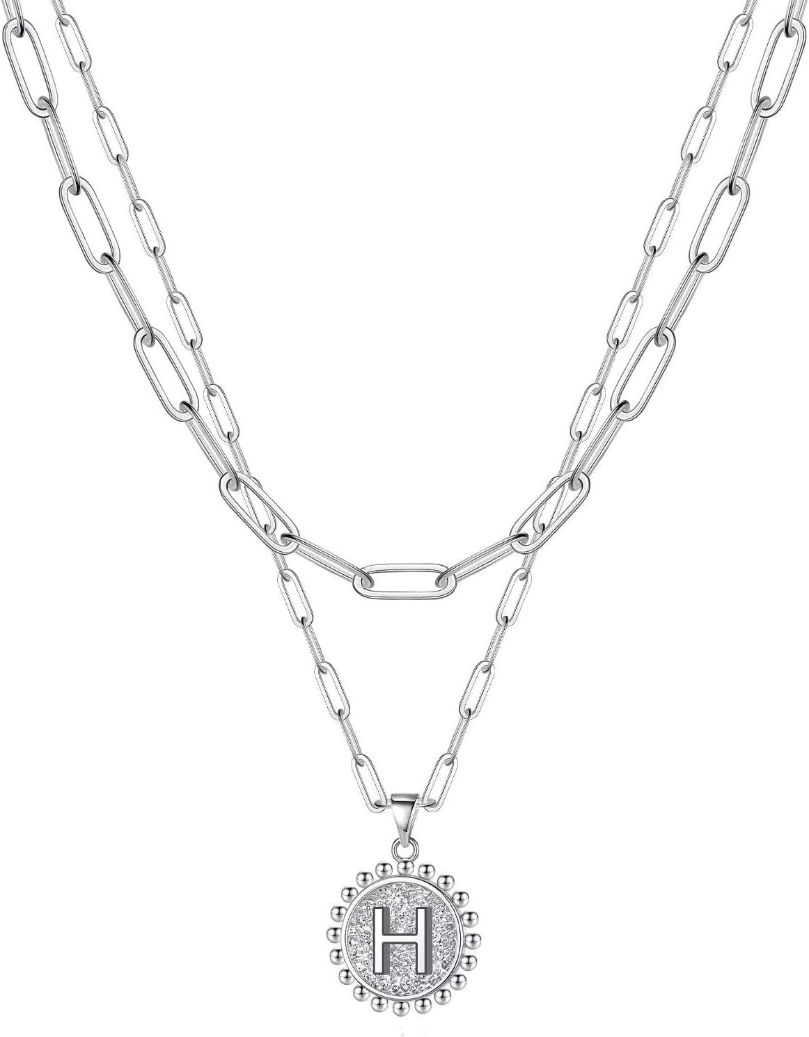 imageYoosteel Easter Basket Stuffers Layered Initial Necklaces for Women Gifts 14K Gold Plated Dainty Layering Paperclip Link Chain Necklace Coin Initial Necklace Birthday Gifts for Women Teen GirlsSilver