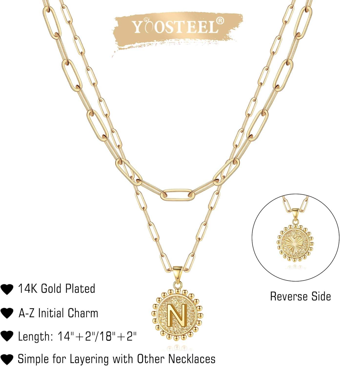 imageYoosteel Easter Basket Stuffers Layered Initial Necklaces for Women Gifts 14K Gold Plated Dainty Layering Paperclip Link Chain Necklace Coin Initial Necklace Birthday Gifts for Women Teen GirlsGold