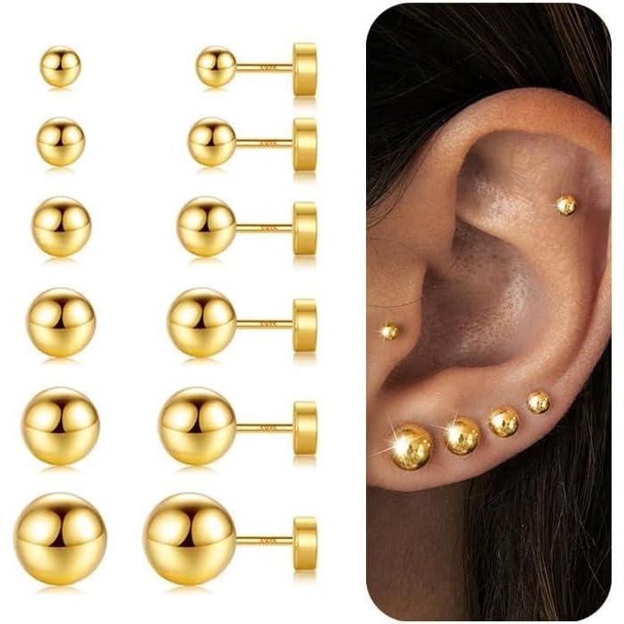 imageHypoallergenic Silver Flat Back Earrings for WomenStud Cartilage Earrings for Sensitive Ears Cubic Zirconia Ball Earring Sets Trendy JewelryBall14KGoldPlated
