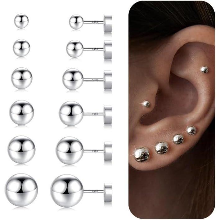 imageHypoallergenic Silver Flat Back Earrings for WomenStud Cartilage Earrings for Sensitive Ears Cubic Zirconia Ball Earring Sets Trendy JewelryBallSliverPlated