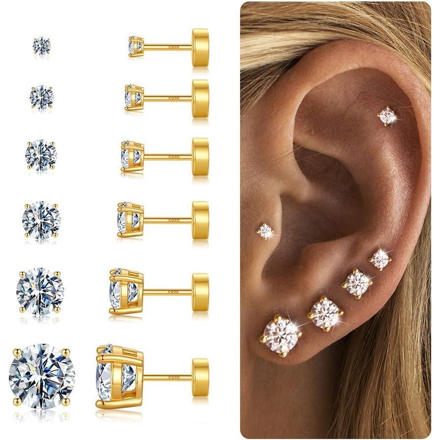 imageHypoallergenic Silver Flat Back Earrings for WomenStud Cartilage Earrings for Sensitive Ears Cubic Zirconia Ball Earring Sets Trendy JewelryCZ14KGoldPlated