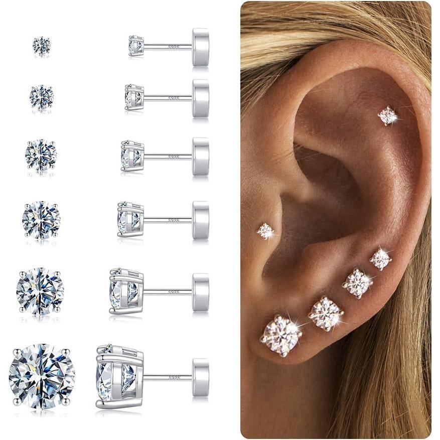 imageHypoallergenic Silver Flat Back Earrings for WomenStud Cartilage Earrings for Sensitive Ears Cubic Zirconia Ball Earring Sets Trendy JewelryCZSliverPlated