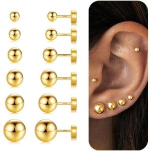 Hypoallergenic Silver Flat Back Earrings for Women,Stud Cartilage Earrings for Sensitive Ears Cubic Zirconia Ball Earring Sets Trendy Jewelry(Ball-14K-Gold-Plated)