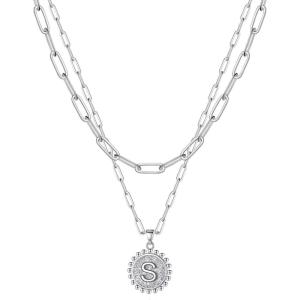Yoosteel Easter Basket Stuffers Layered Initial Necklaces for Women Gifts – 14K Gold Plated Dainty Layering Paperclip Link Chain Necklace Coin Initial Necklace Birthday Gifts for Women Teen Girls(Silver)