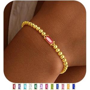 Yoosteel Easter Gifts for Kids Teens Girls Easter Basket Stuffers – Dainty Birthstone Bracelet Stretch 14K-Gold-Plated Beaded Bracelets Trendy Friendship Birthday Jewelry Gift for Teenage Girl Women(Gold-Plated)