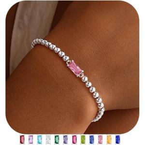 Yoosteel Easter Gifts for Kids Teens Girls Easter Basket Stuffers – Dainty Birthstone Bracelet Stretch 14K-Gold-Plated Beaded Bracelets Trendy Friendship Birthday Jewelry Gift for Teenage Girl Women(Silver-Plated)