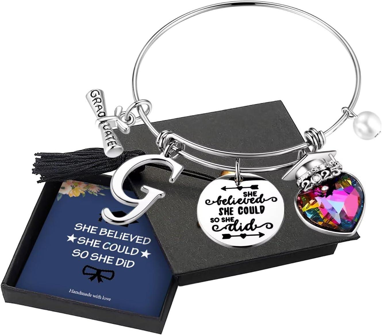 imageYoosteel 2026 Graduation Gifts for Her Bracelets Engraved Inspirational Initial Charm Bracelets She Believed She Could Bracelet College Graduation Gifts for Her Women Daughter14K White GoldPlated