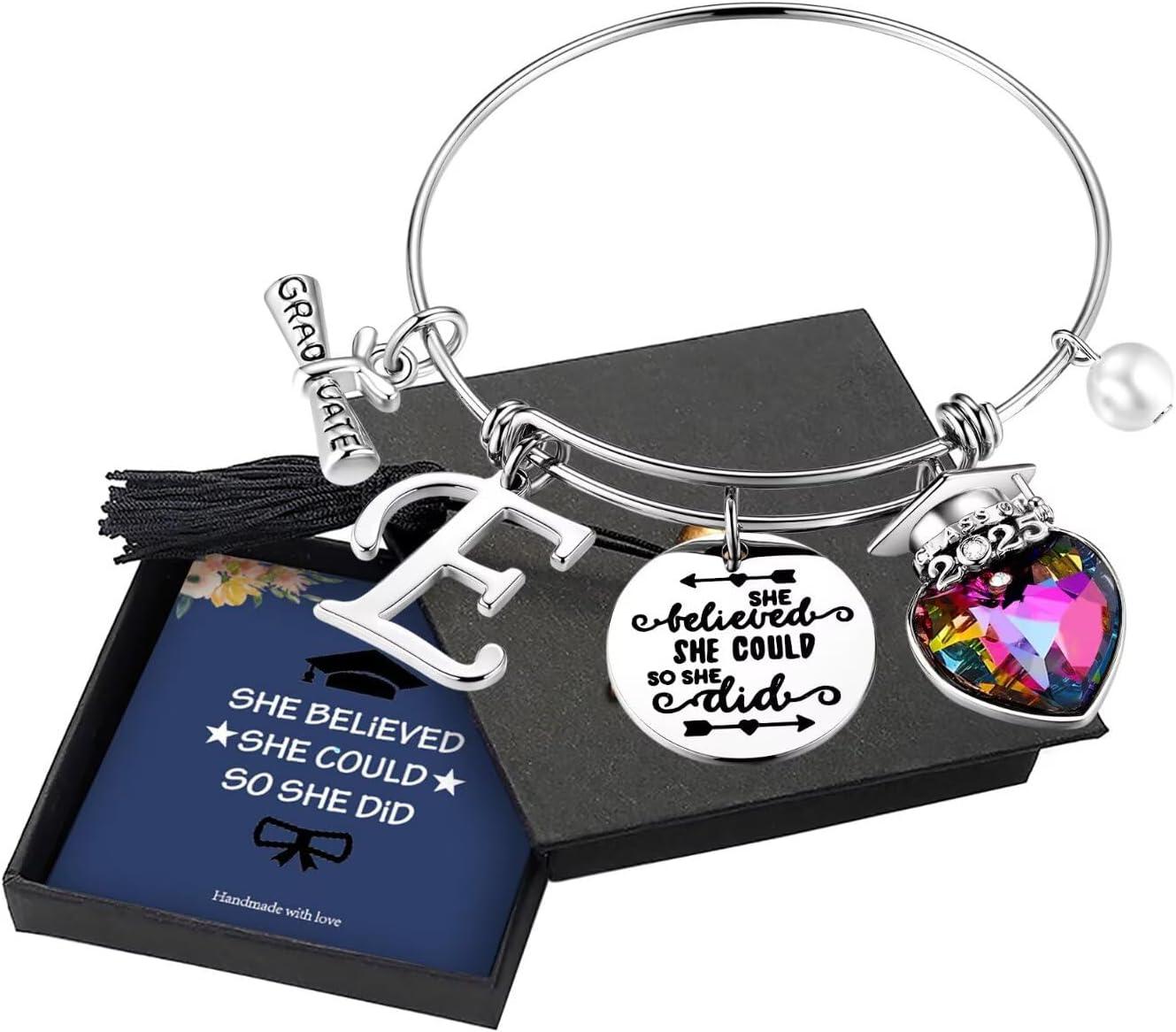 imageYoosteel 2026 Graduation Gifts for Her Bracelets Engraved Inspirational Initial Charm Bracelets She Believed She Could Bracelet College Graduation Gifts for Her Women Daughter14K White GoldPlated