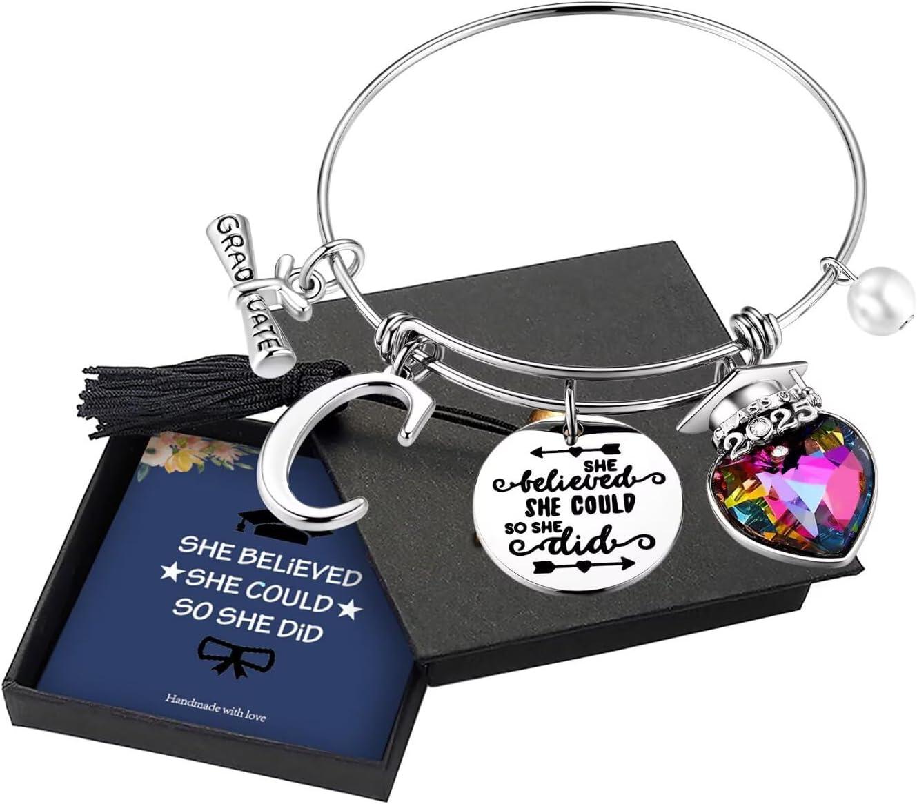 imageYoosteel 2026 Graduation Gifts for Her Bracelets Engraved Inspirational Initial Charm Bracelets She Believed She Could Bracelet College Graduation Gifts for Her Women Daughter14K White GoldPlated
