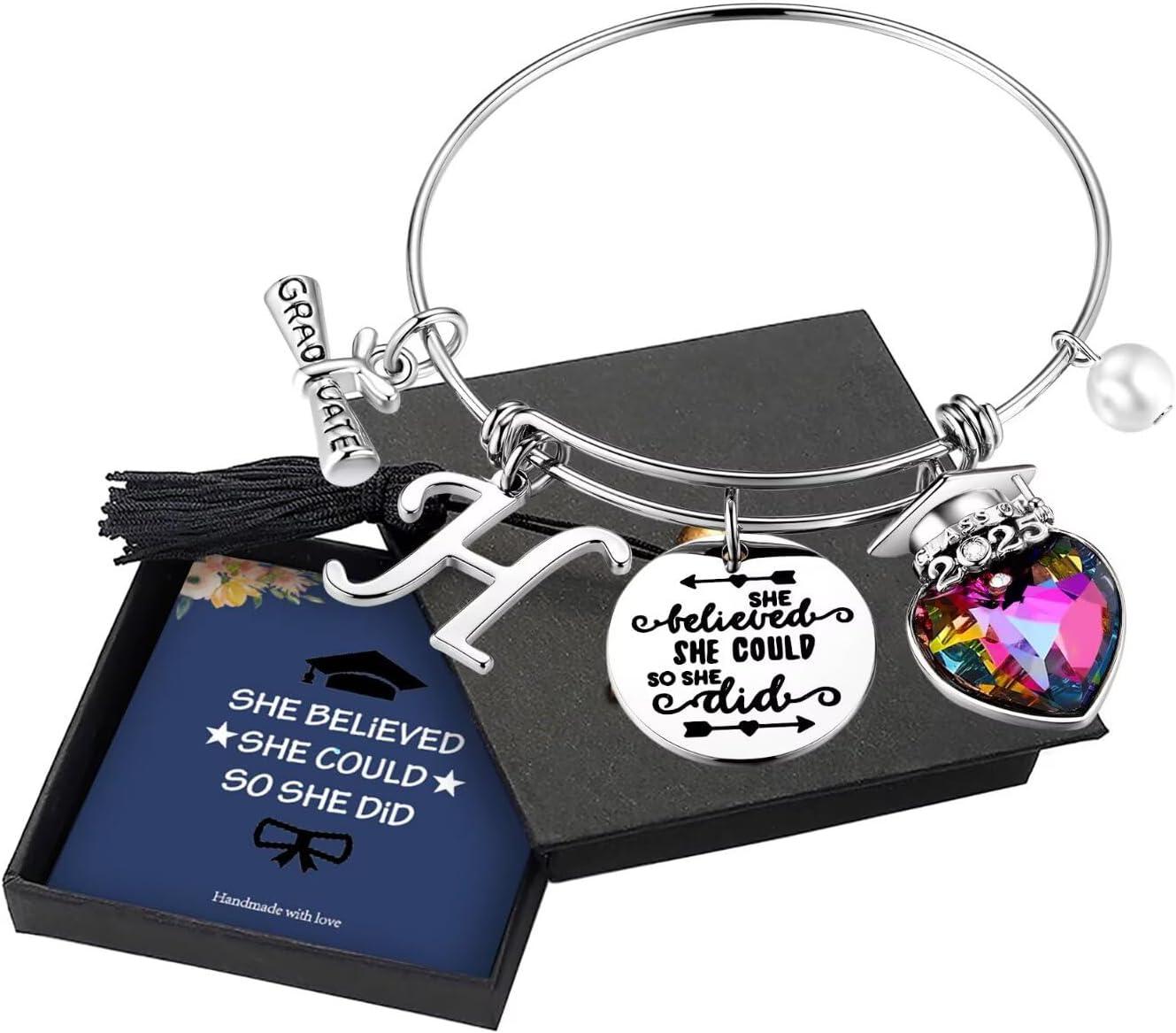 imageYoosteel 2026 Graduation Gifts for Her Bracelets Engraved Inspirational Initial Charm Bracelets She Believed She Could Bracelet College Graduation Gifts for Her Women Daughter14K White GoldPlated