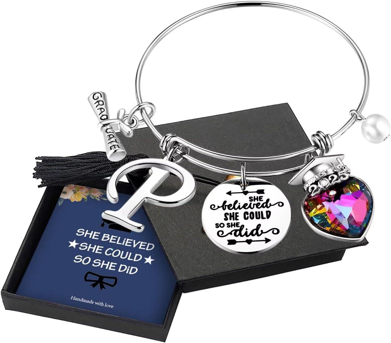 imageYoosteel 2026 Graduation Gifts for Her Bracelets Engraved Inspirational Initial Charm Bracelets She Believed She Could Bracelet College Graduation Gifts for Her Women Daughter14K White GoldPlated