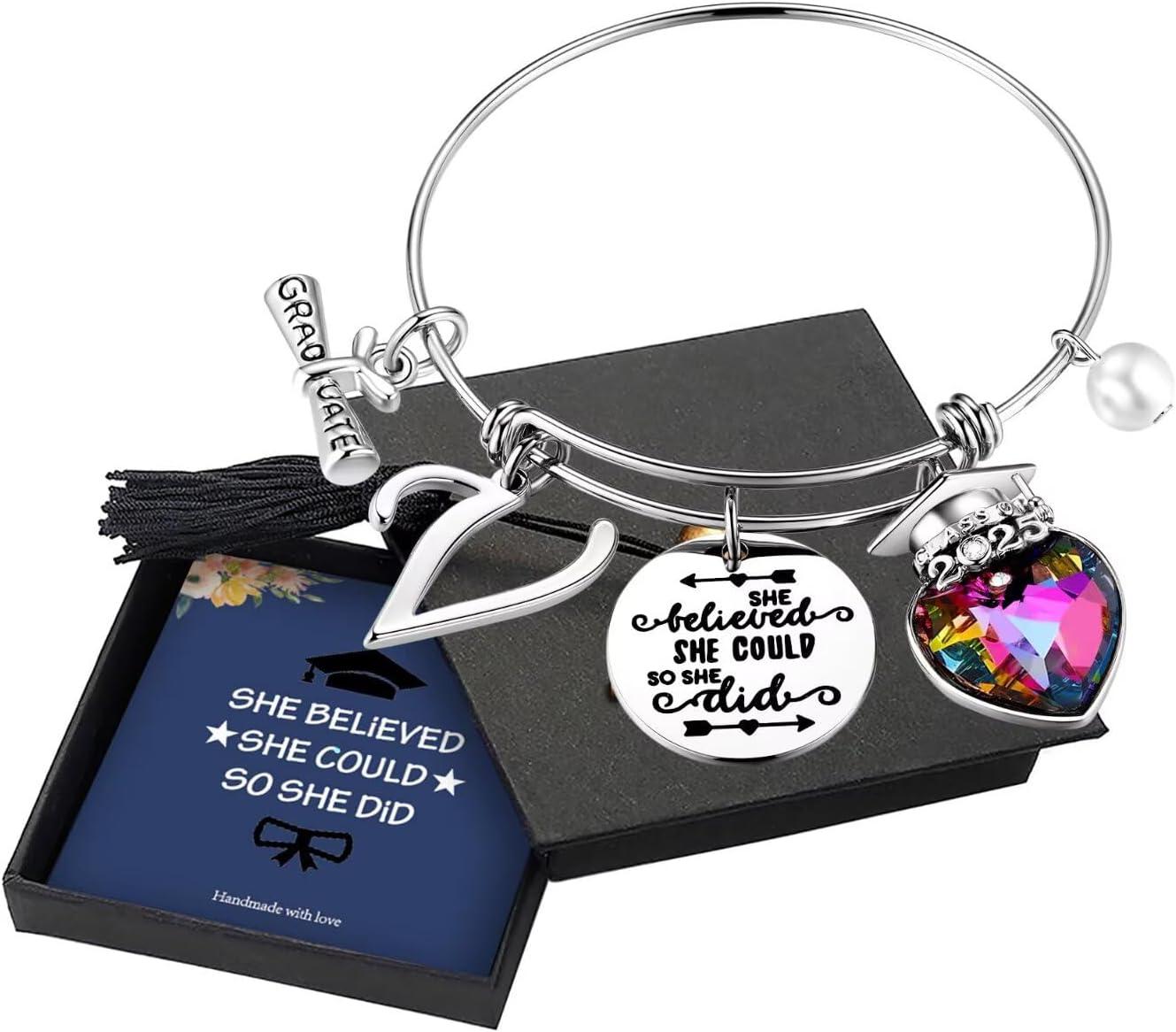imageYoosteel 2026 Graduation Gifts for Her Bracelets Engraved Inspirational Initial Charm Bracelets She Believed She Could Bracelet College Graduation Gifts for Her Women Daughter14K White GoldPlated