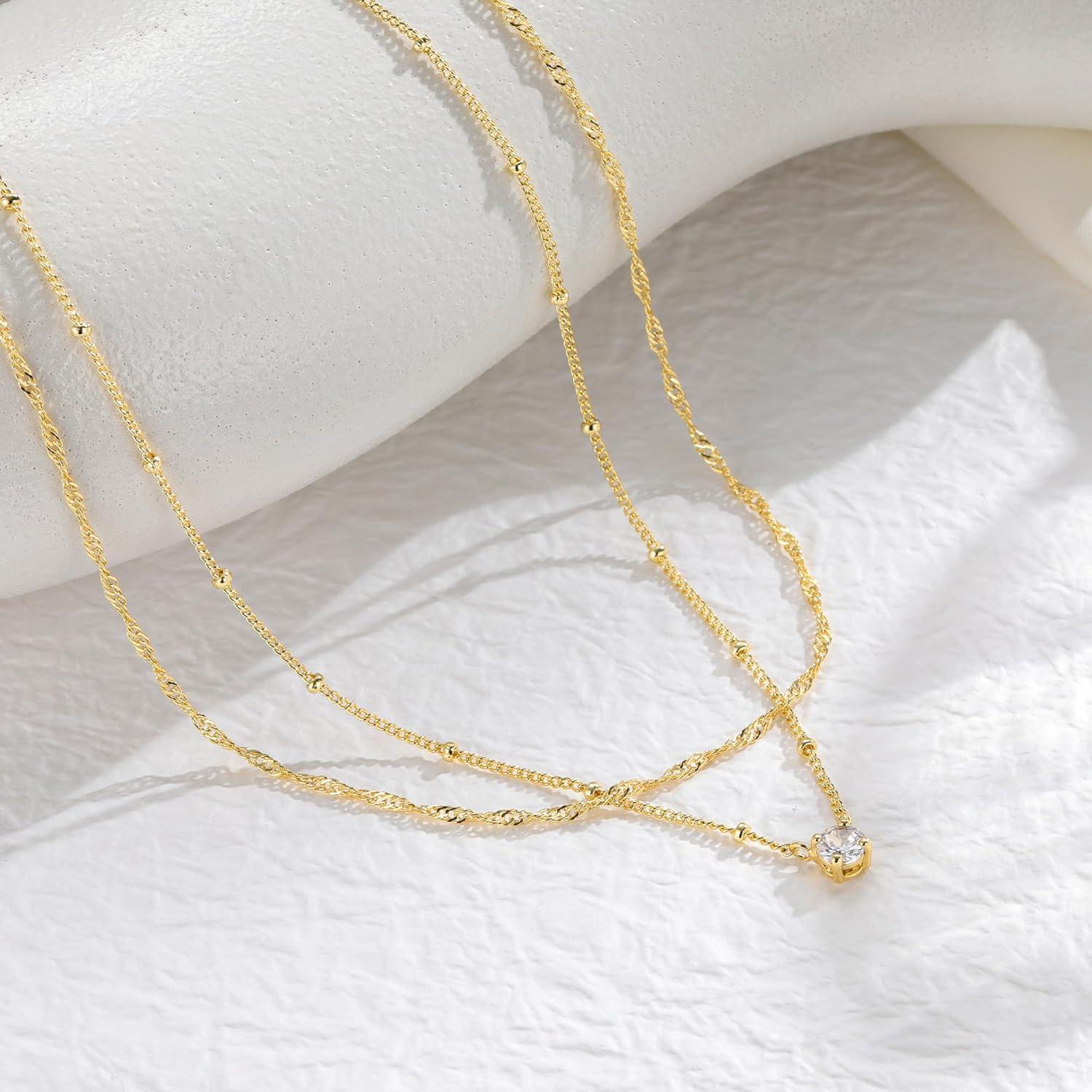 imageYoosteel Layered 14K Gold Plated CZ Pendant Necklace for Women Dainty Cubic Zirconia Pendants Simple Gold Plated Satellite Chain Choker Necklaces Set Stack Trendys Jewelry GiftsLayered Small CZ