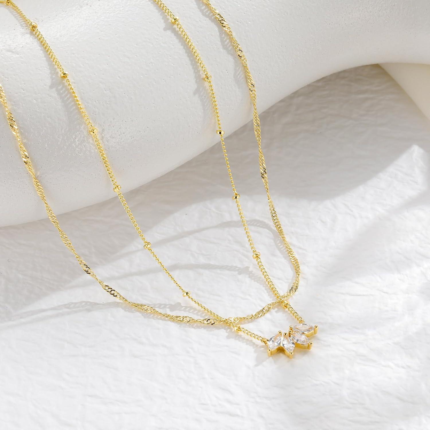imageYoosteel Layered 14K Gold Plated CZ Pendant Necklace for Women Dainty Cubic Zirconia Pendants Simple Gold Plated Satellite Chain Choker Necklaces Set Stack Trendys Jewelry GiftsLayered Flower CZ