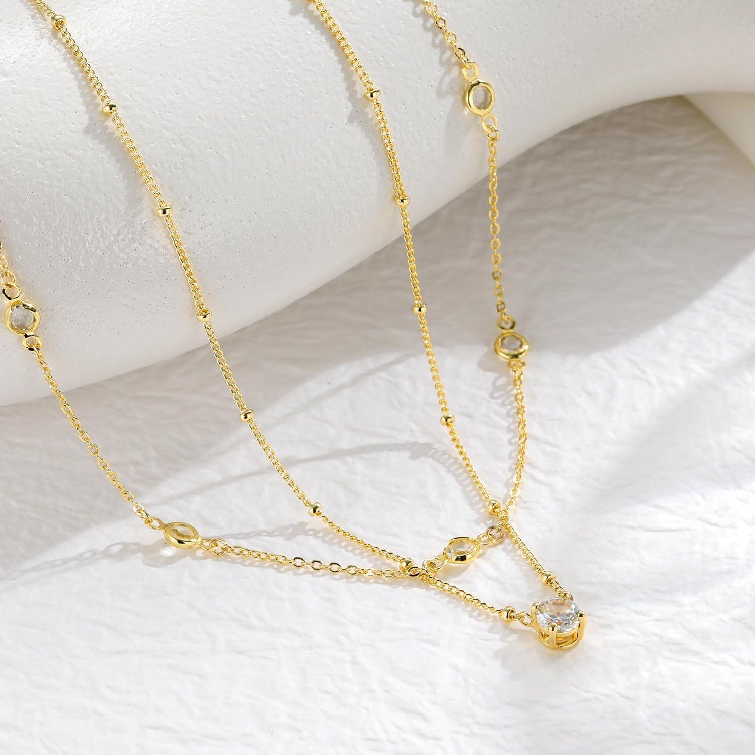 imageYoosteel Layered 14K Gold Plated CZ Pendant Necklace for Women Dainty Cubic Zirconia Pendants Simple Gold Plated Satellite Chain Choker Necklaces Set Stack Trendys Jewelry GiftsLayered Round CZ
