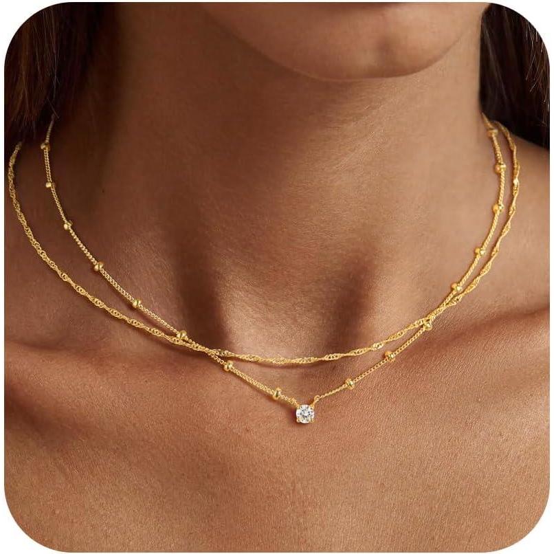 imageYoosteel Layered 14K Gold Plated CZ Pendant Necklace for Women Dainty Cubic Zirconia Pendants Simple Gold Plated Satellite Chain Choker Necklaces Set Stack Trendys Jewelry GiftsLayered Small CZ